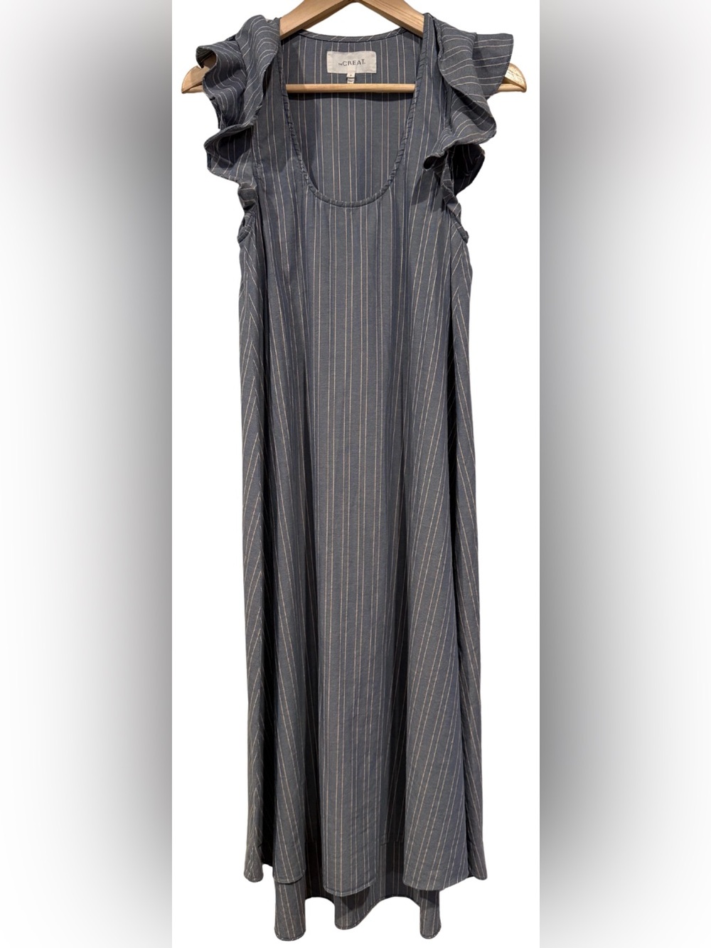 The Great. 100% Cotton Petal Stripe Chambray Dress 0 Flutter Sleeve Coastal Prep - Picture 2 of 9